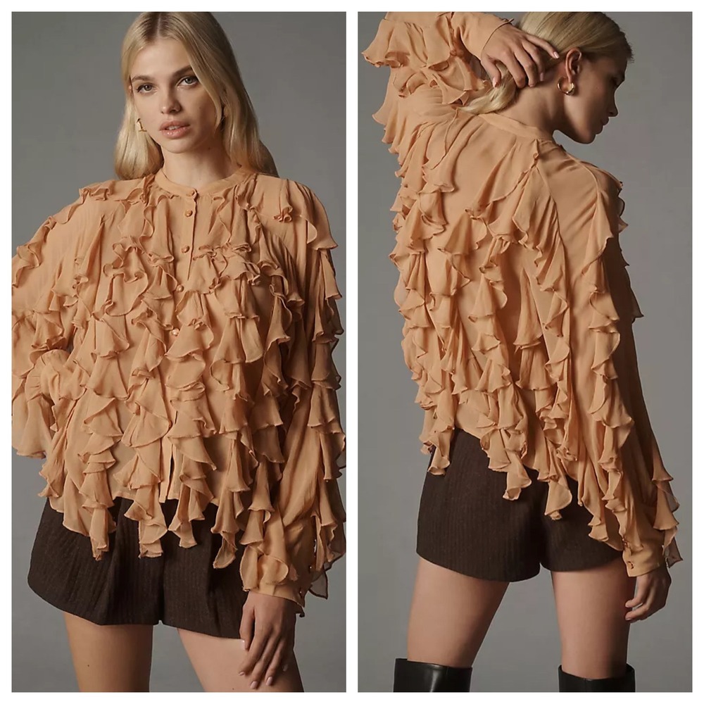 Anthropologie Peach Sheer Ruffle Button Down Blouse Women's Size‎ Small